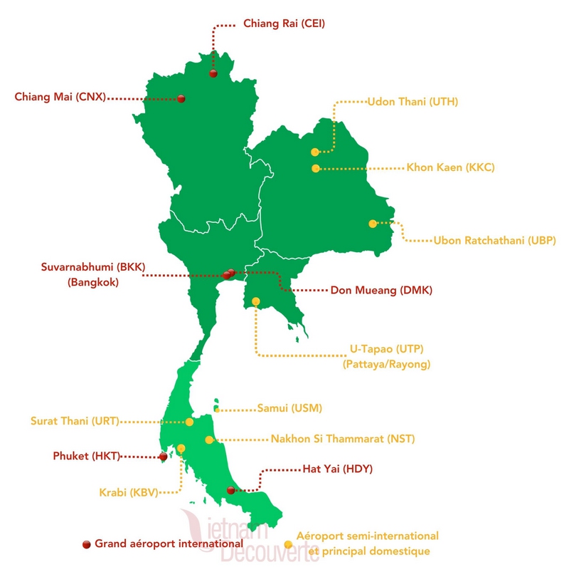carte des aéroports en Thaïlande