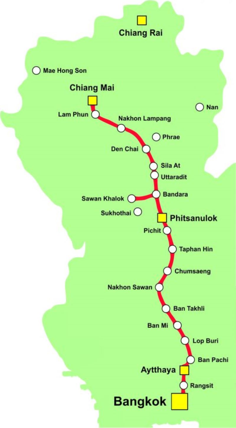 Carte ferroviaire de la Thaïlande Ligne du Nord