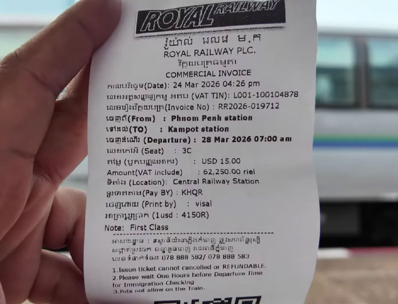 Un billet de train de Phnom Penh à Kampot