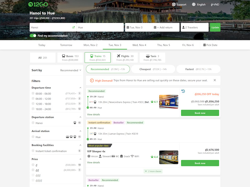reserver billet de train hanoi hue en 12go