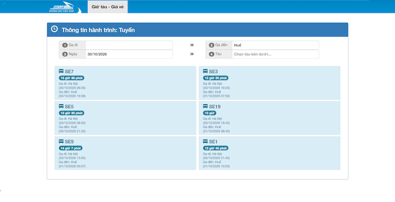Horaires officiels de Vietnam Railways
